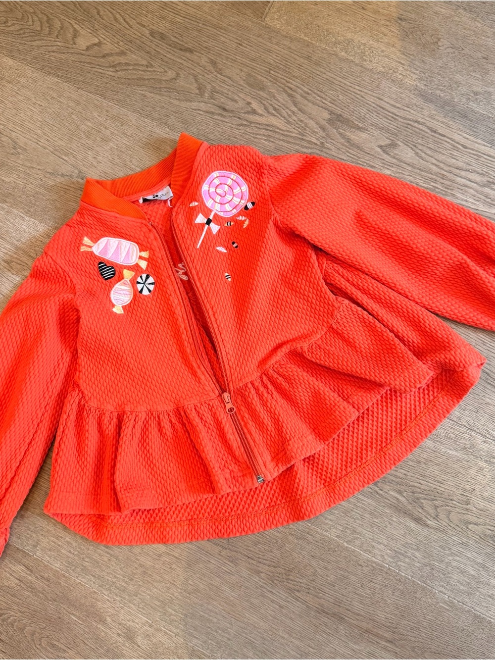 Coral Red RASPBERRY PLUM Girls Peplum Zip Jacket with Candy Appliqué embroidery